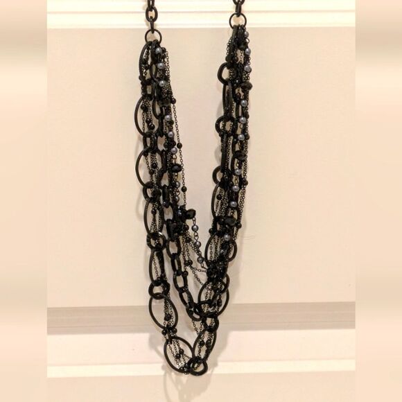 NWT 00s Black Metal Necklace and Earring Set with Silver and Jet Beads - Picture 2 of 4